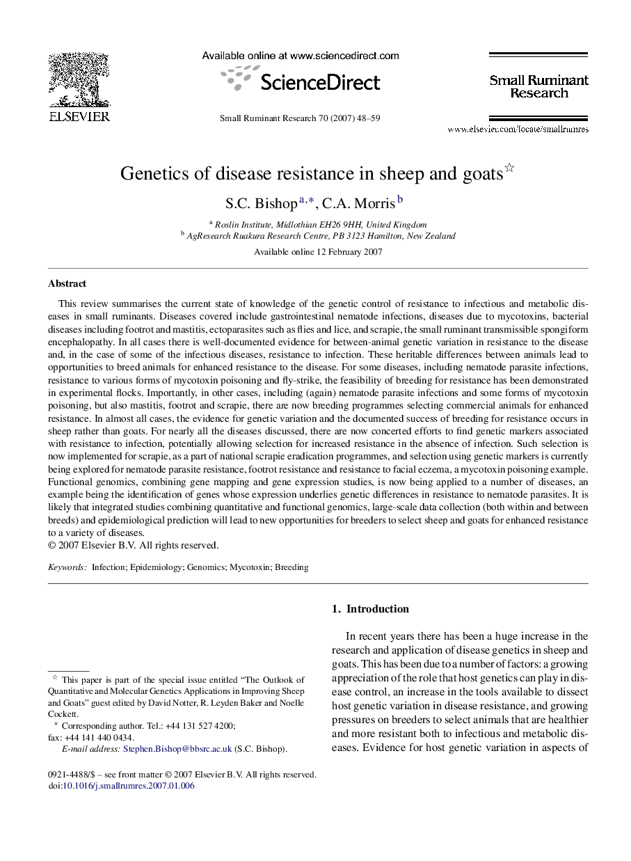 Genetics of disease resistance in sheep and goats 