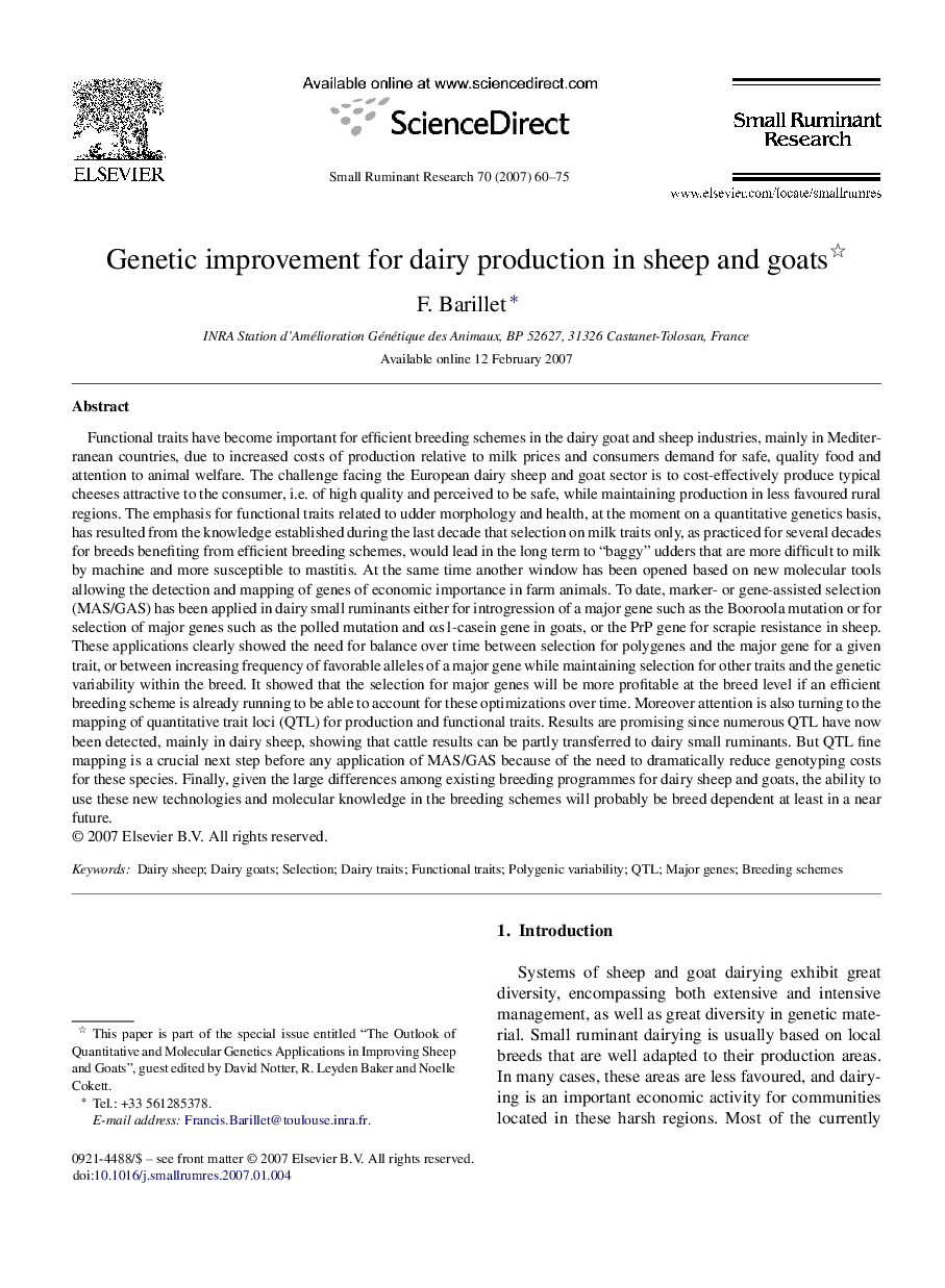 Genetic improvement for dairy production in sheep and goats 