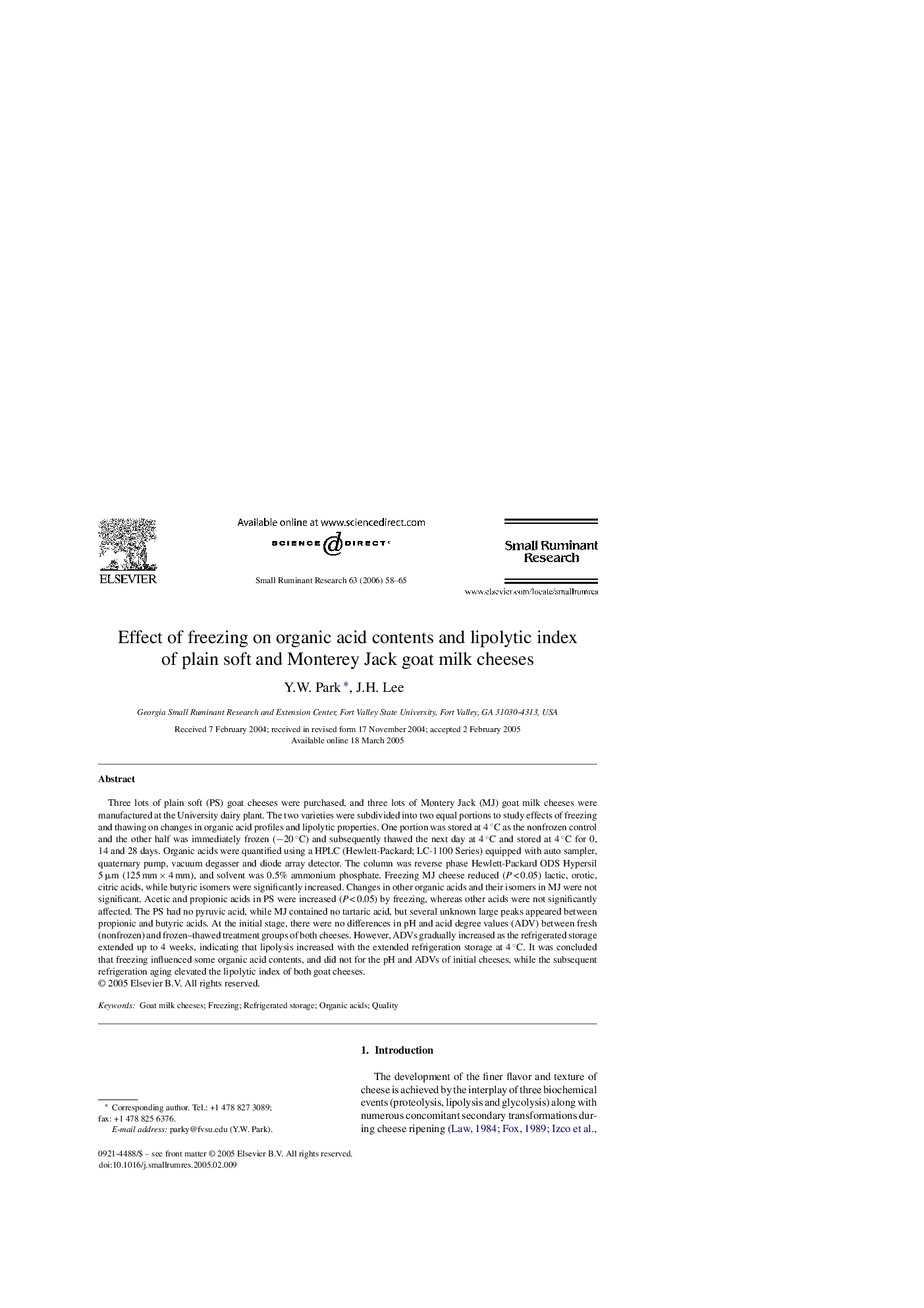 Effect of freezing on organic acid contents and lipolytic index of plain soft and Monterey Jack goat milk cheeses