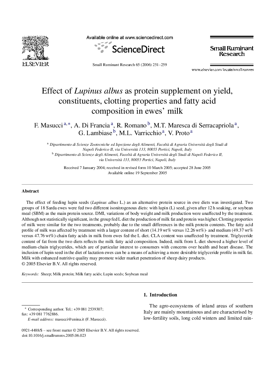 Effect of Lupinus albus as protein supplement on yield, constituents, clotting properties and fatty acid composition in ewes’ milk