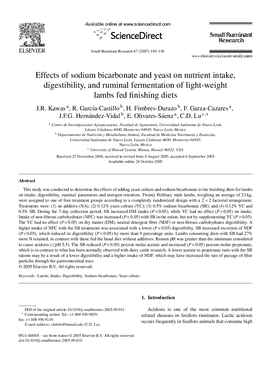 Effects of sodium bicarbonate and yeast on nutrient intake, digestibility, and ruminal fermentation of light-weight lambs fed finishing diets