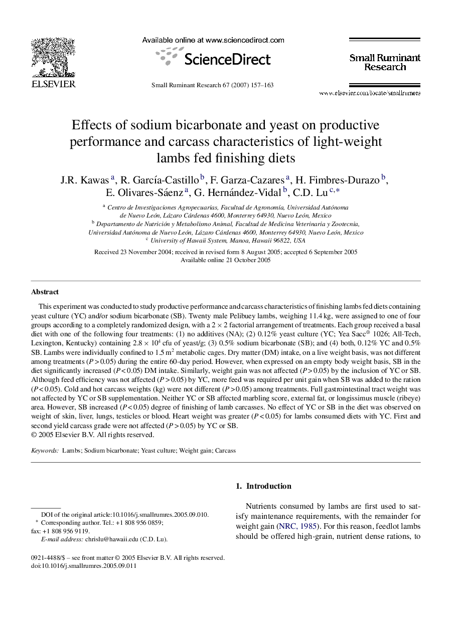 Effects of sodium bicarbonate and yeast on productive performance and carcass characteristics of light-weight lambs fed finishing diets