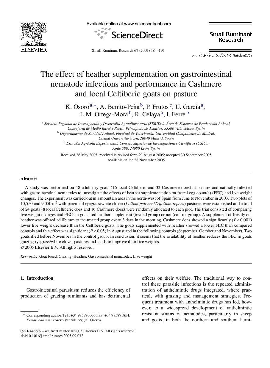 The effect of heather supplementation on gastrointestinal nematode infections and performance in Cashmere and local Celtiberic goats on pasture