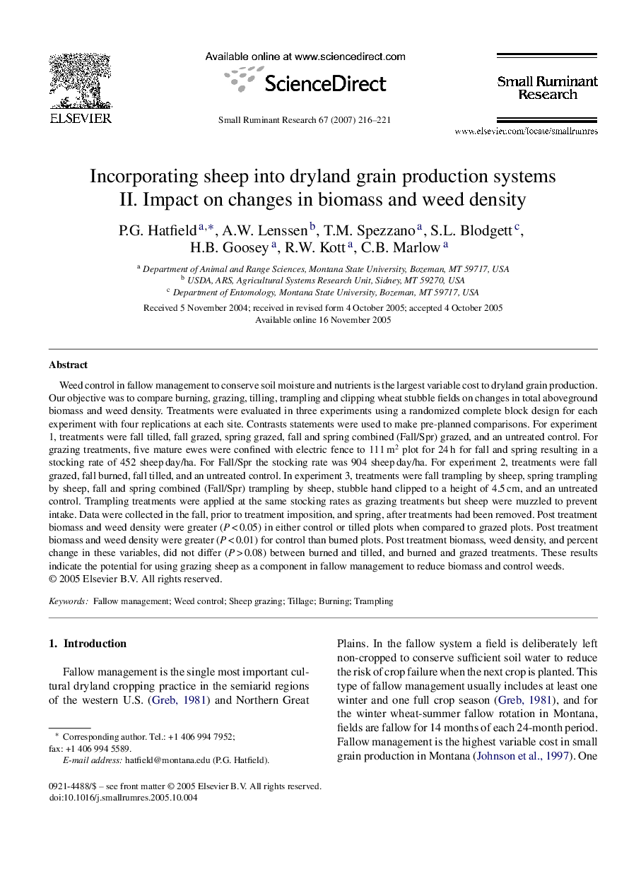 Incorporating sheep into dryland grain production systems: II. Impact on changes in biomass and weed density