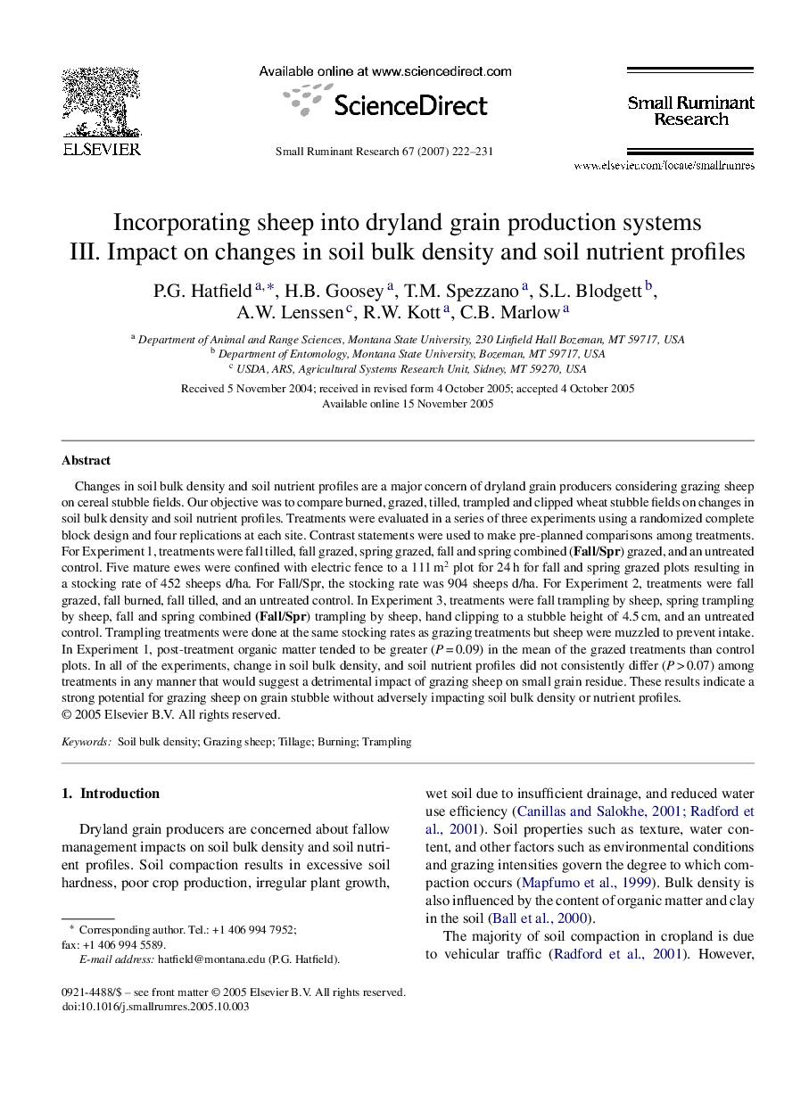 Incorporating sheep into dryland grain production systems: III. Impact on changes in soil bulk density and soil nutrient profiles