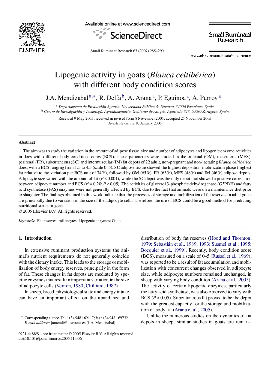 Lipogenic activity in goats (Blancaceltibérica) with different body condition scores