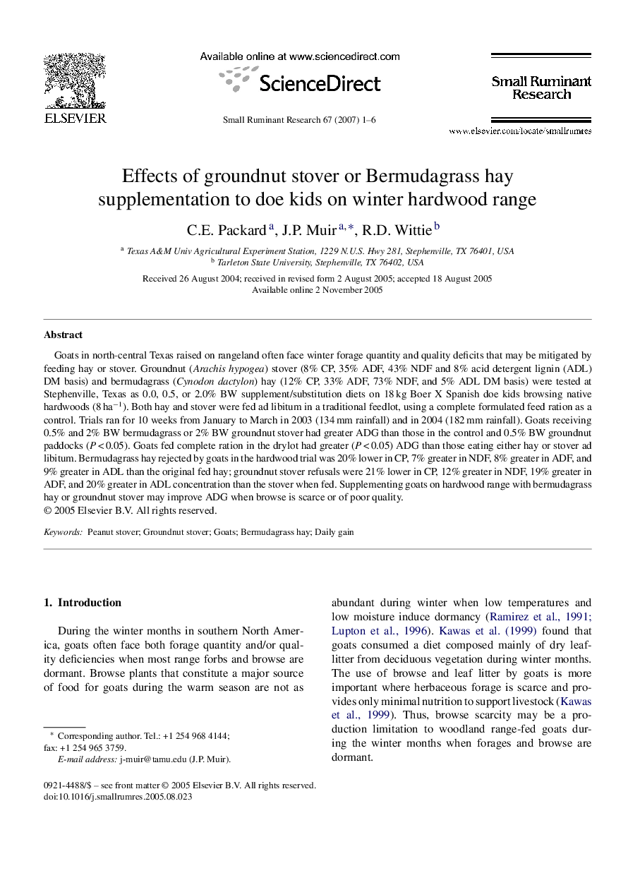 عکس صفحه اول مقاله: Effects of groundnut stover or Bermudagrass hay supplementation to doe kids on winter hardwood range Effects of groundnut stover or Bermudagrass hay supplementation to doe kids on winter hardwood range