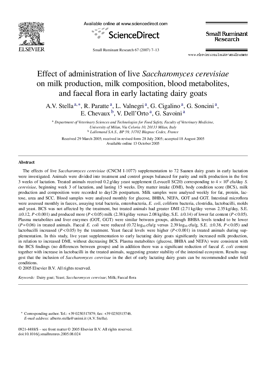 Effect of administration of live Saccharomyces cerevisiae on milk production, milk composition, blood metabolites, and faecal flora in early lactating dairy goats