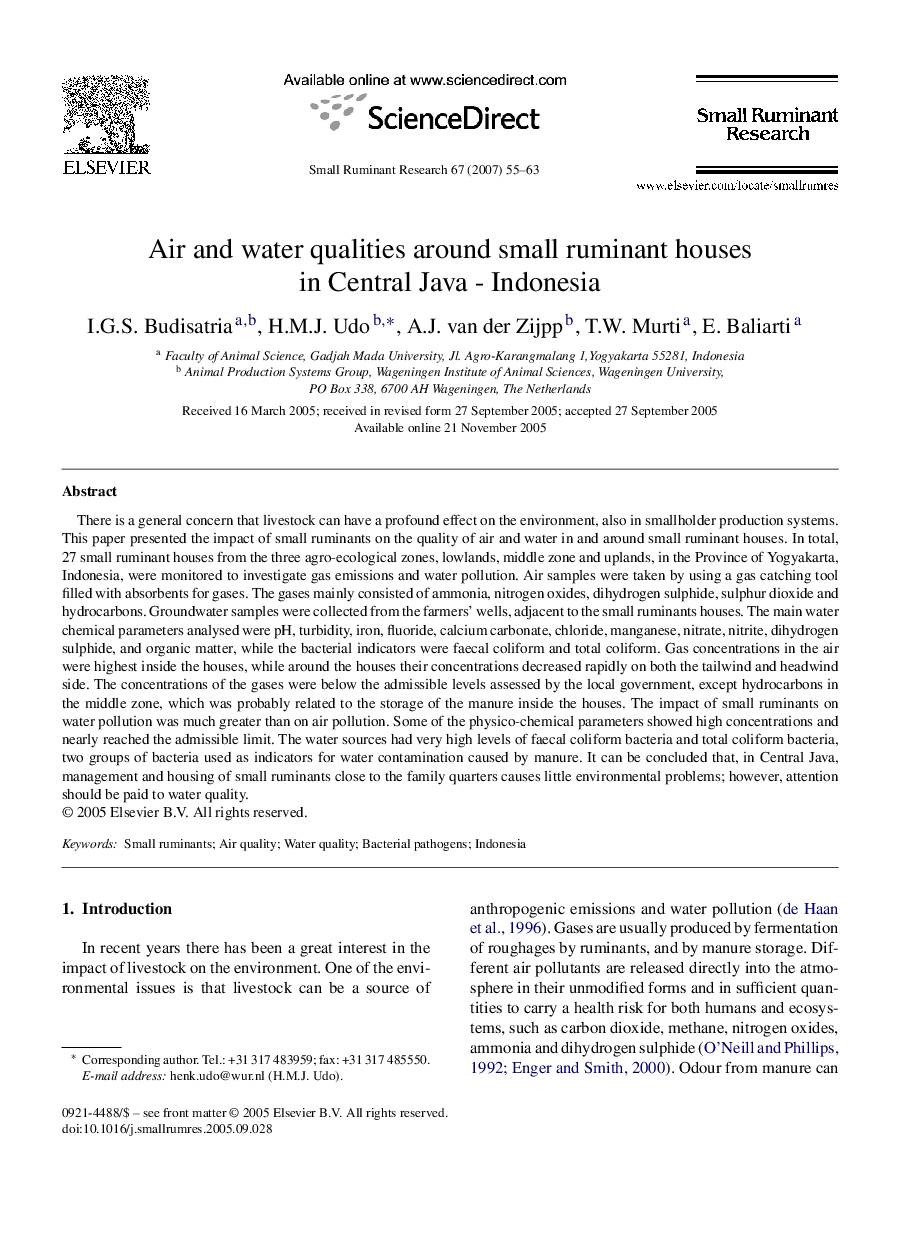 Air and water qualities around small ruminant houses in Central Java - Indonesia