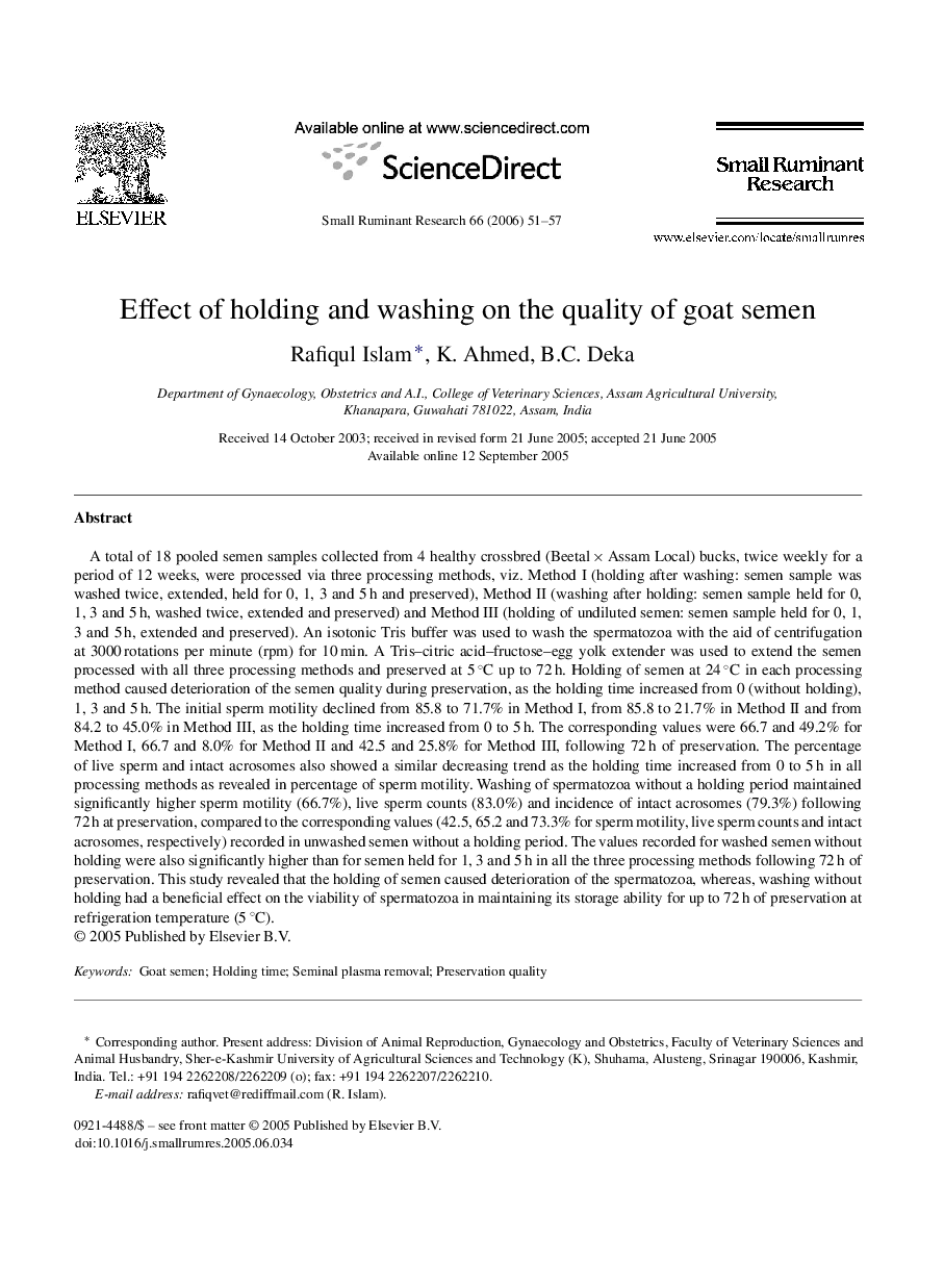 Effect of holding and washing on the quality of goat semen