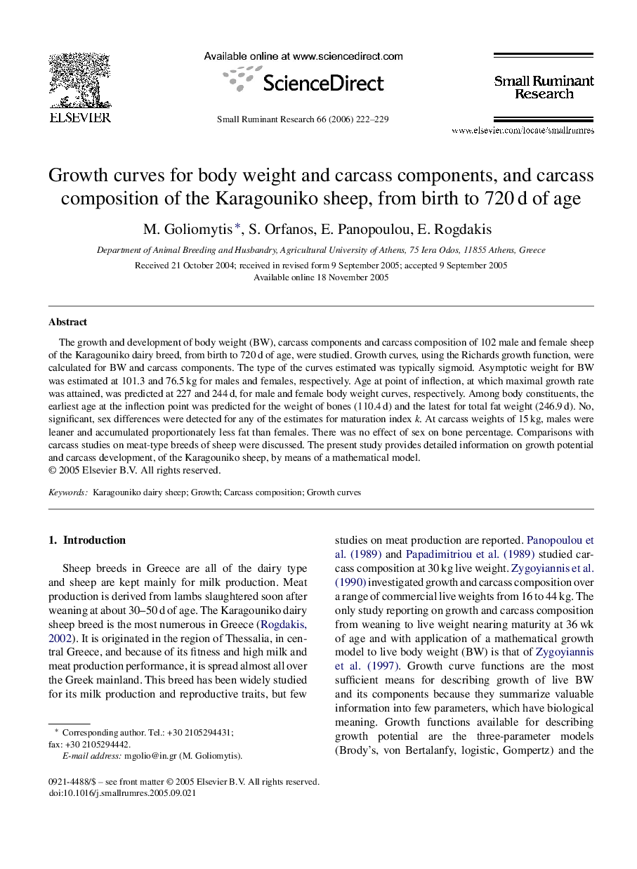 Growth curves for body weight and carcass components, and carcass composition of the Karagouniko sheep, from birth to 720 d of age