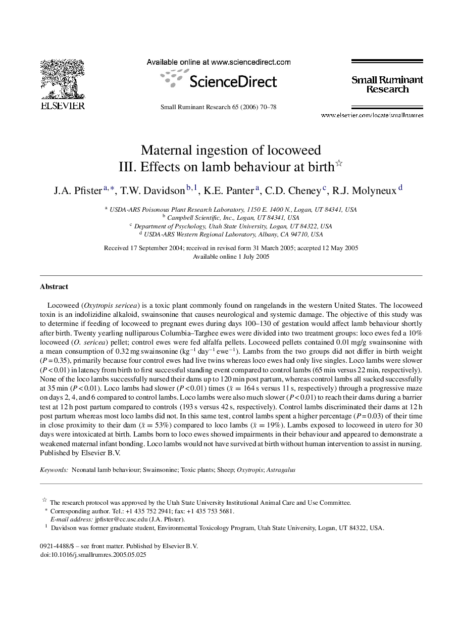 Maternal ingestion of locoweed : III. Effects on lamb behaviour at birth