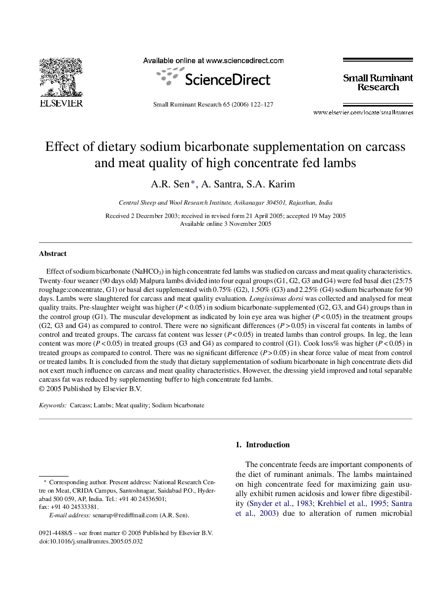 Effect of dietary sodium bicarbonate supplementation on carcass and meat quality of high concentrate fed lambs