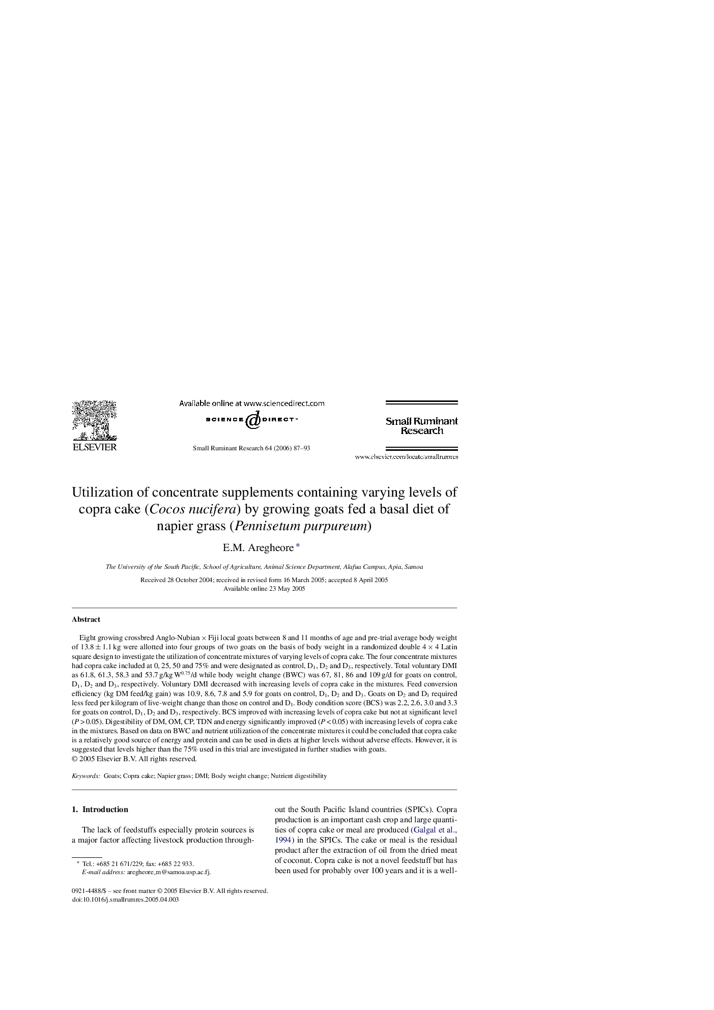 Utilization of concentrate supplements containing varying levels of copra cake (Cocos nucifera) by growing goats fed a basal diet of napier grass (Pennisetum purpureum)