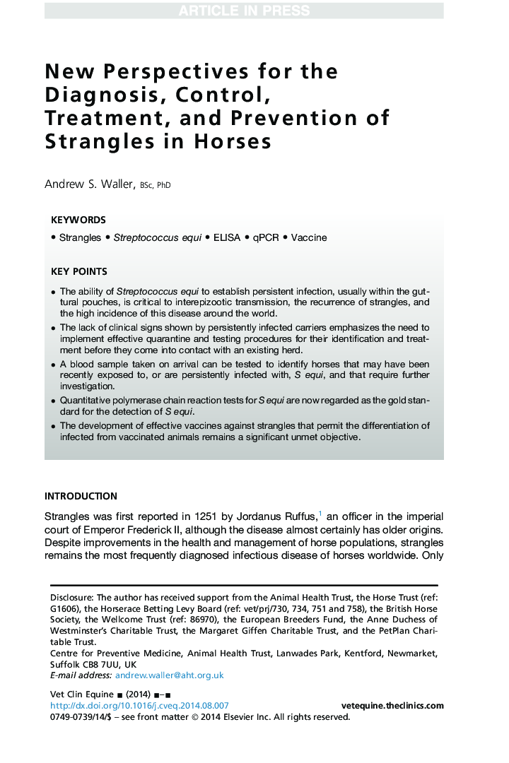 New Perspectives for the Diagnosis, Control, Treatment, and Prevention of Strangles in Horses