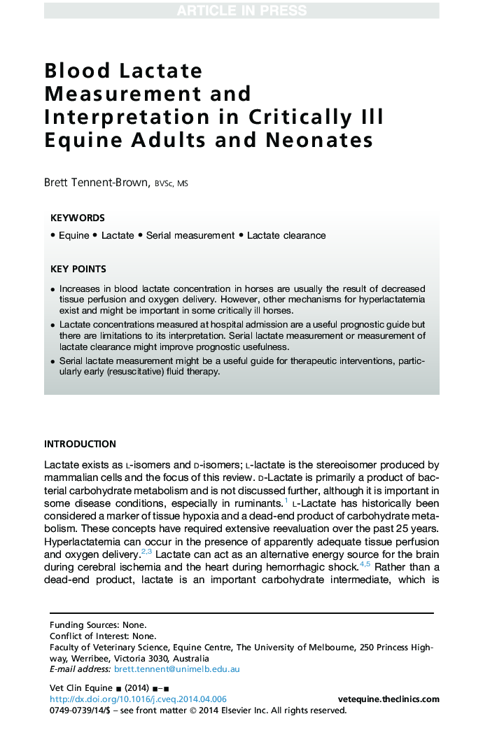 Blood Lactate Measurement and Interpretation in Critically Ill Equine Adults and Neonates
