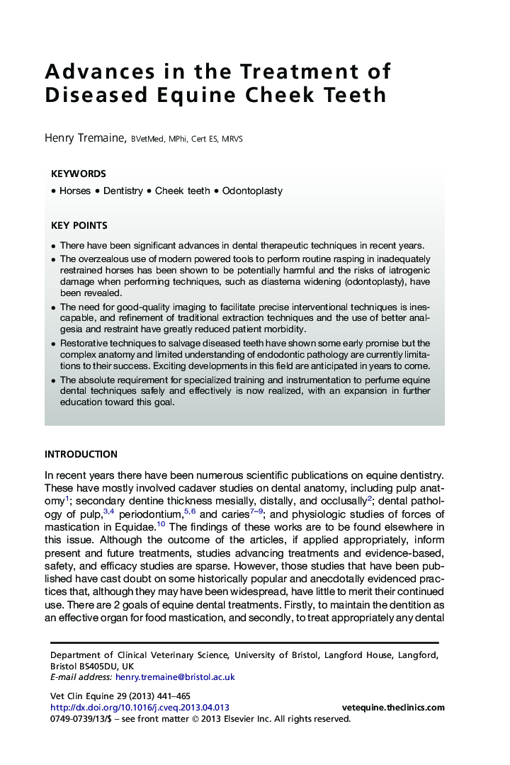 Advances in the Treatment of Diseased Equine Cheek Teeth