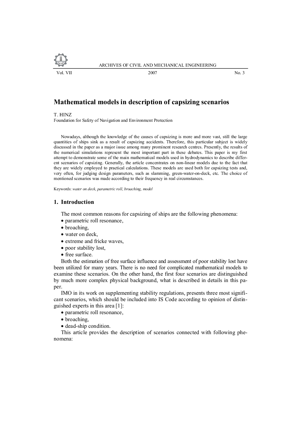 Mathematical models in description of capsizing scenarios