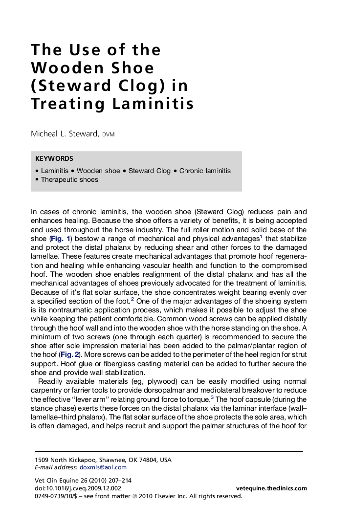 The Use of the Wooden Shoe (Steward Clog) in Treating Laminitis