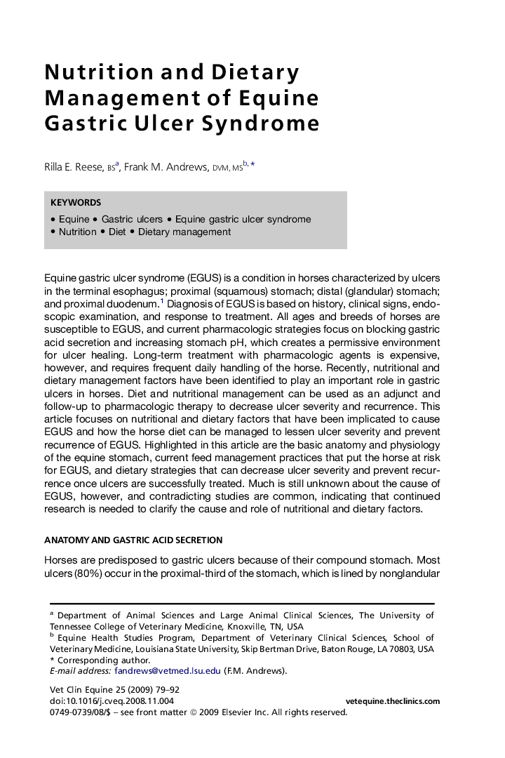 Nutrition and Dietary Management of Equine Gastric Ulcer Syndrome