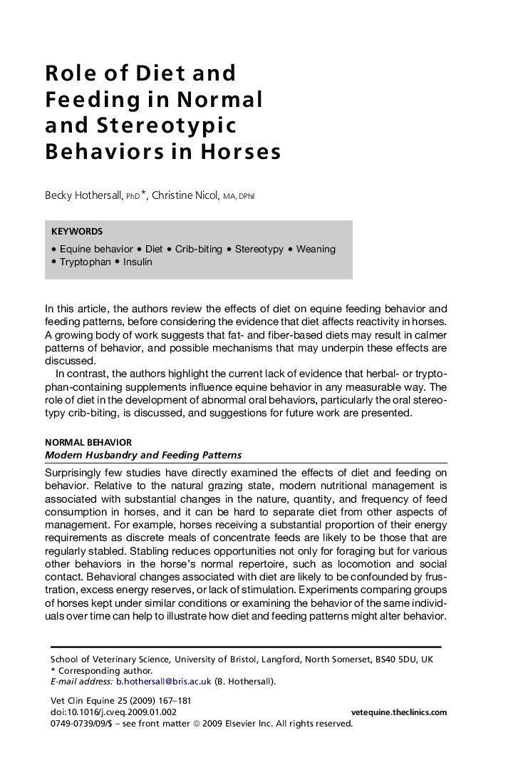 Role of Diet and Feeding in Normal and Stereotypic Behaviors in Horses