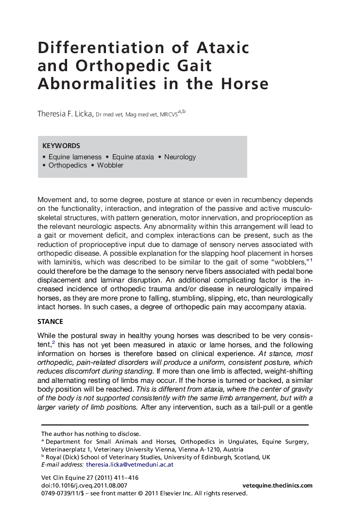 Differentiation of Ataxic and Orthopedic Gait Abnormalities in the Horse