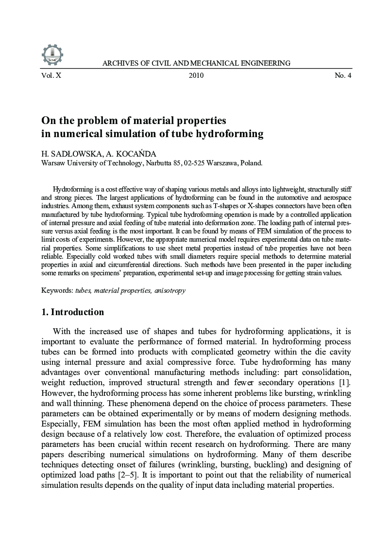 On the problem of material properties in numerical simulation of tube hydroforming