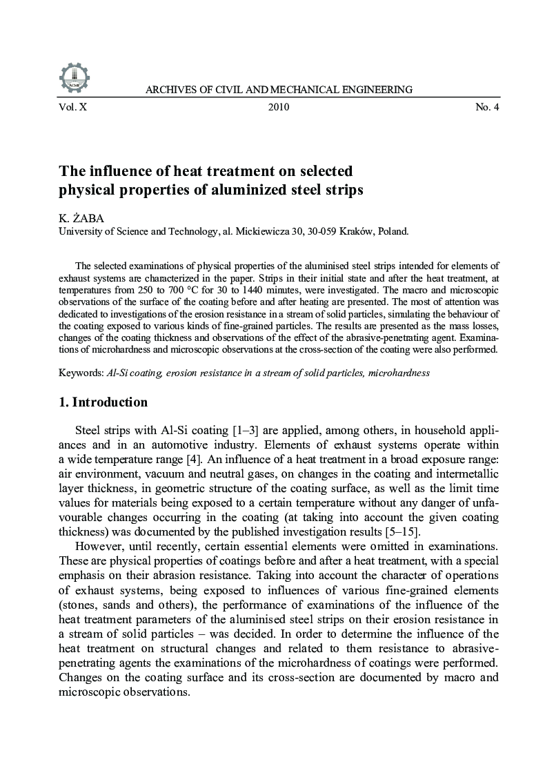 The influence of heat treatment on selected physical properties of aluminized steel strips