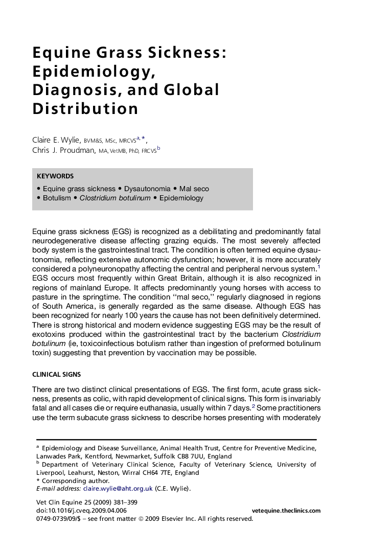 Equine Grass Sickness: Epidemiology, Diagnosis, and Global Distribution