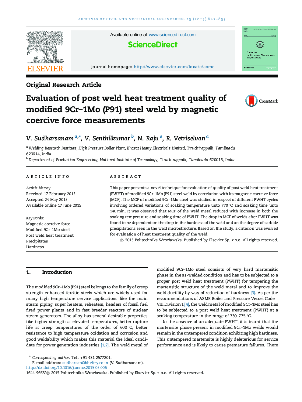 Evaluation of post weld heat treatment quality of modified 9Cr–1Mo (P91) steel weld by magnetic coercive force measurements