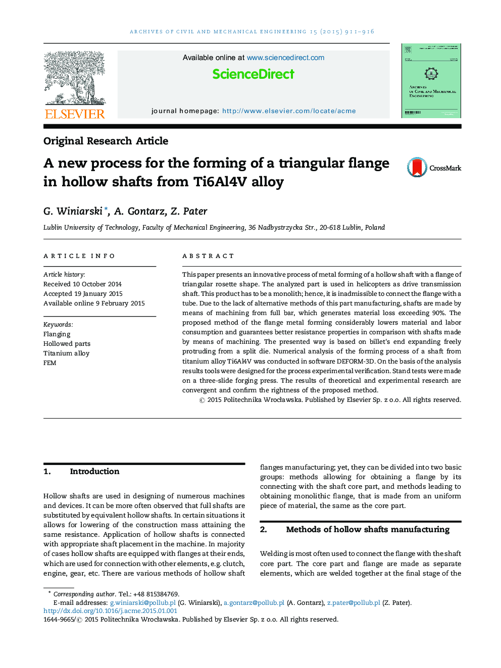 A new process for the forming of a triangular flange in hollow shafts from Ti6Al4V alloy