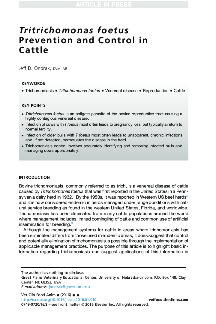 Tritrichomonas foetus Prevention and Control in Cattle