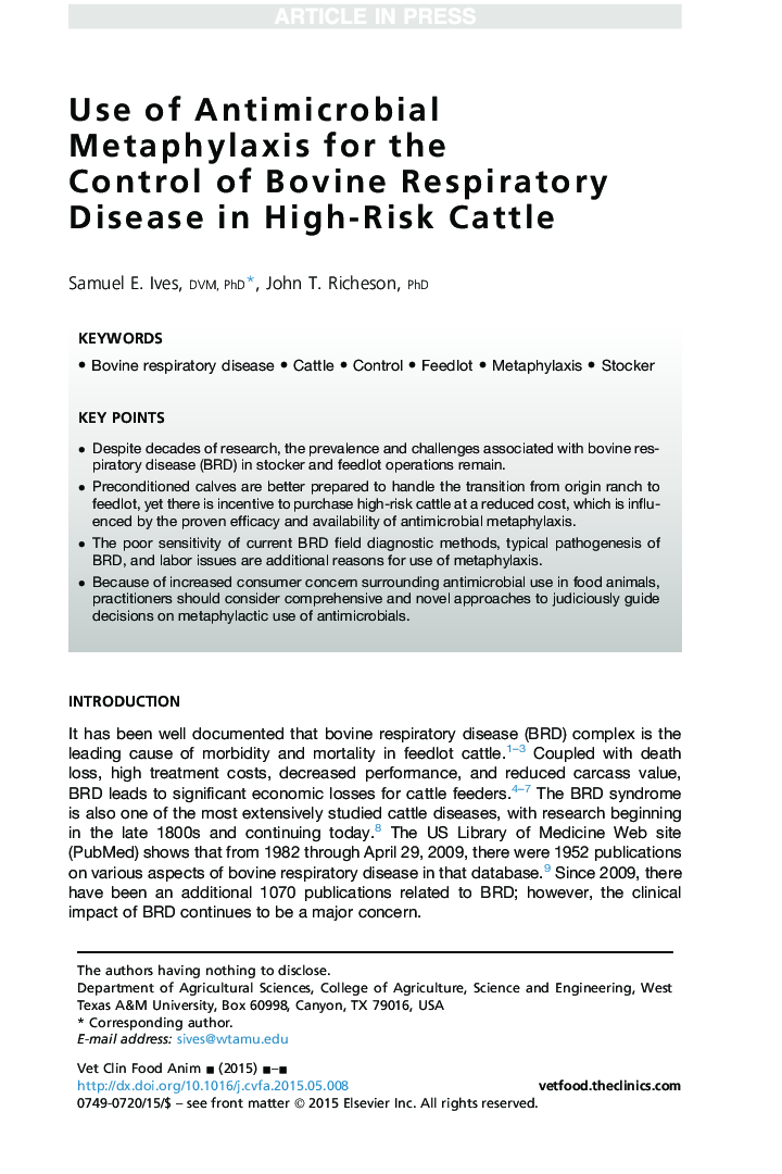 Use of Antimicrobial Metaphylaxis for the Control of Bovine Respiratory Disease in High-Risk Cattle