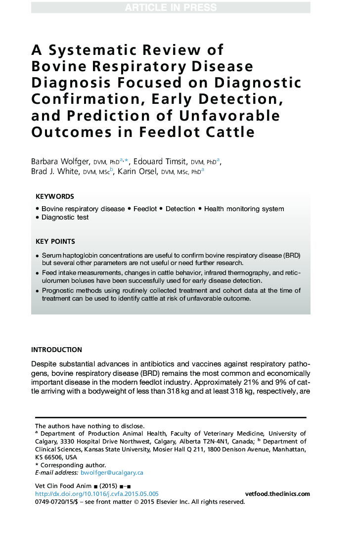 A Systematic Review of Bovine Respiratory Disease Diagnosis Focused on Diagnostic Confirmation, Early Detection, and Prediction of Unfavorable Outcomes in Feedlot Cattle