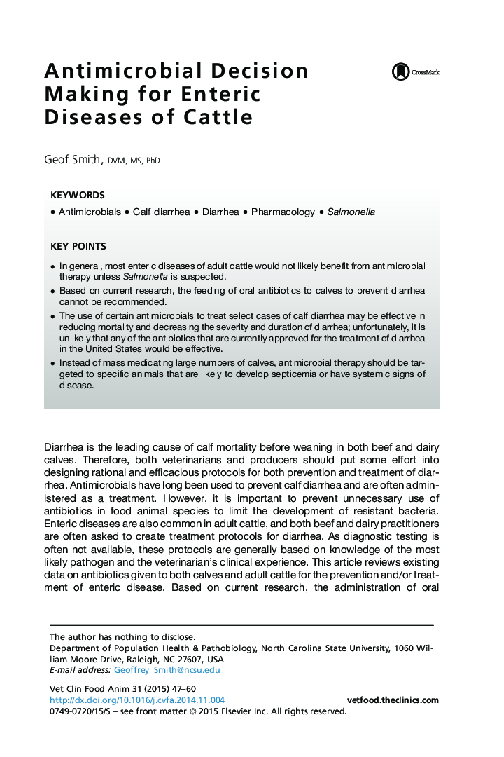 Antimicrobial Decision Making for Enteric Diseases of Cattle