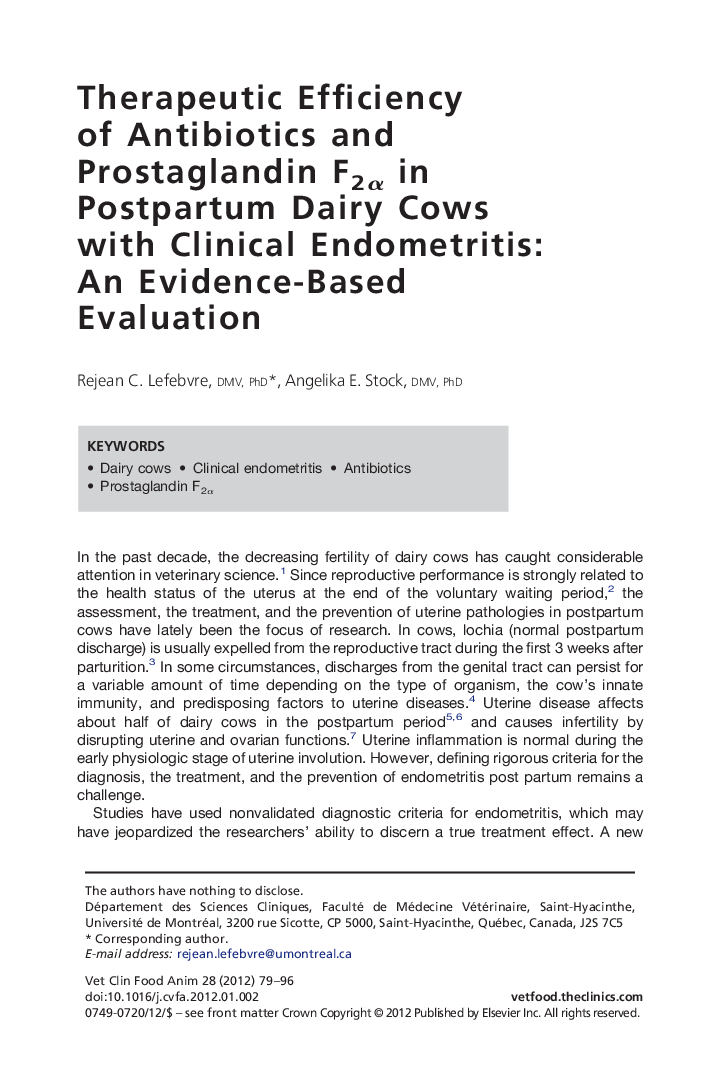 Therapeutic Efficiency of Antibiotics and Prostaglandin F2Î± in Postpartum Dairy Cows with Clinical Endometritis: An Evidence-Based Evaluation