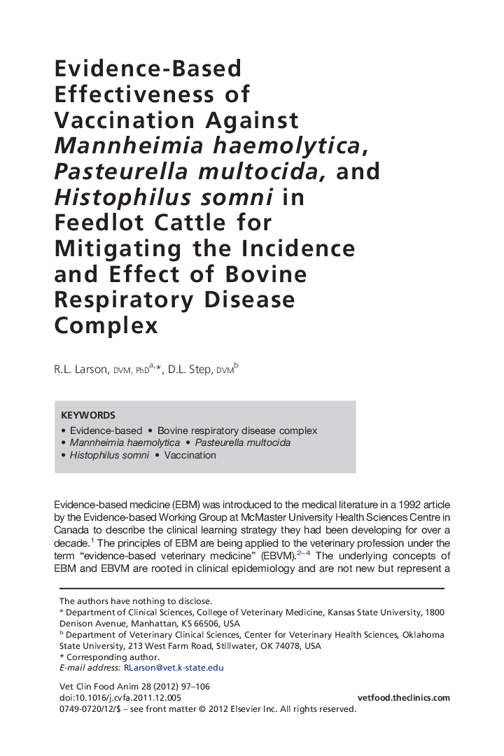 Evidence-Based Effectiveness of Vaccination Against Mannheimia haemolytica, Pasteurella multocida, and Histophilus somni in Feedlot Cattle for Mitigating the Incidence and Effect of Bovine Respiratory Disease Complex