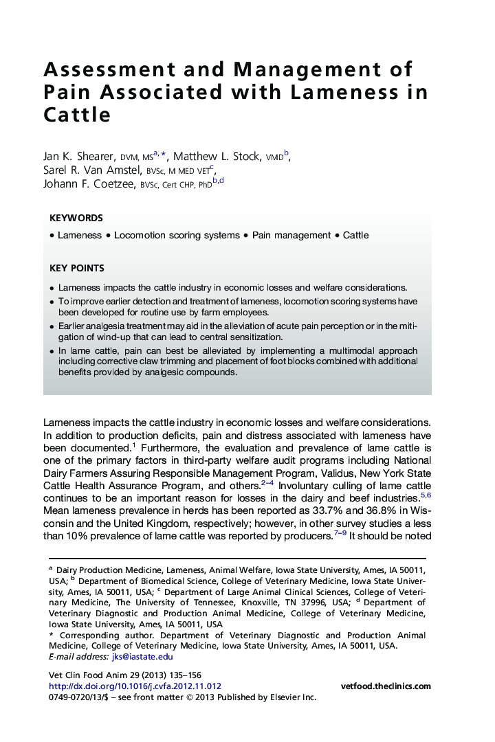 Assessment and Management of Pain Associated with Lameness in Cattle