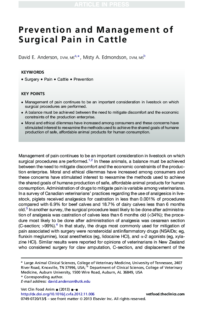 عکس صفحه اول مقاله: Prevention and Management of Surgical Pain in Cattle Prevention and Management of Surgical Pain in Cattle