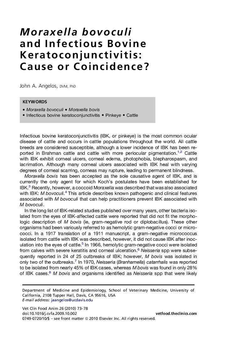 Moraxella bovoculi and Infectious Bovine Keratoconjunctivitis: Cause or Coincidence?