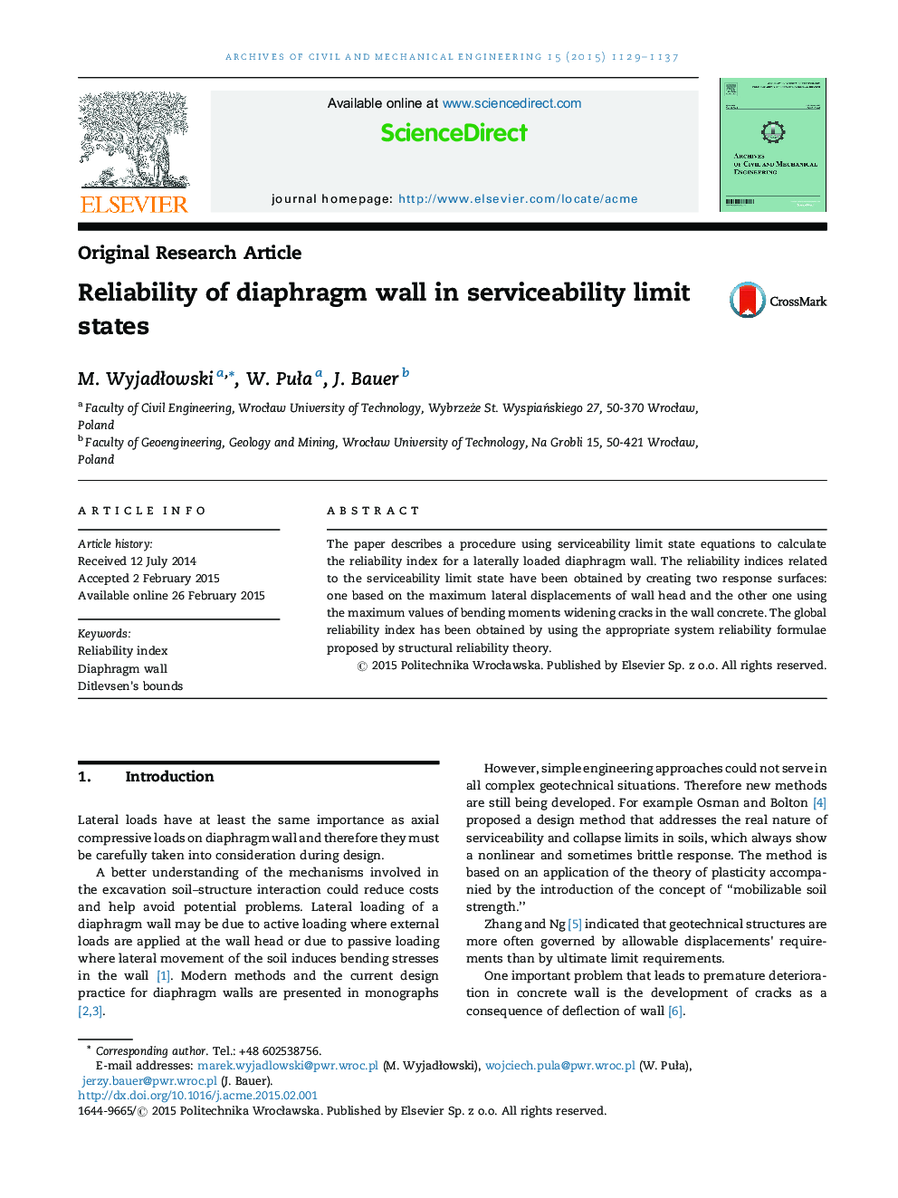 Reliability of diaphragm wall in serviceability limit states