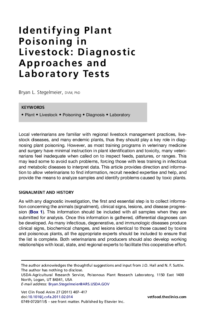 Identifying Plant Poisoning in Livestock: Diagnostic Approaches and Laboratory Tests