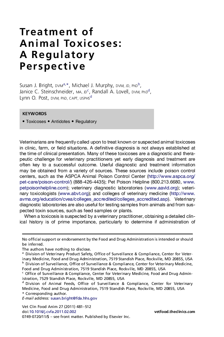 Treatment of Animal Toxicoses: A Regulatory Perspective