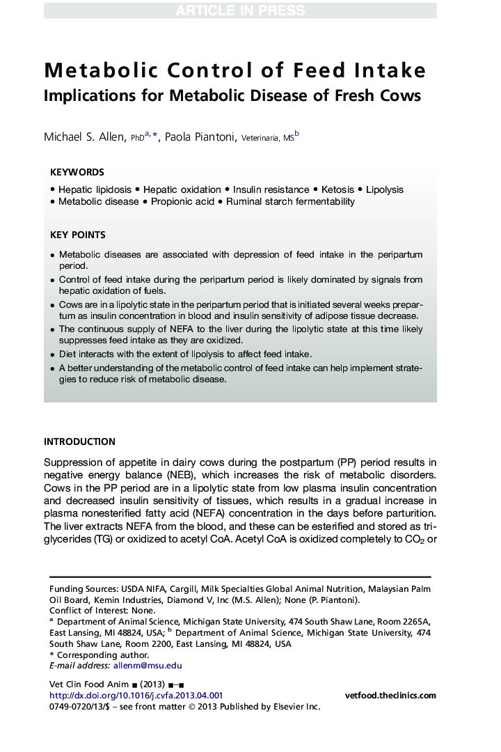 Metabolic Control of Feed Intake