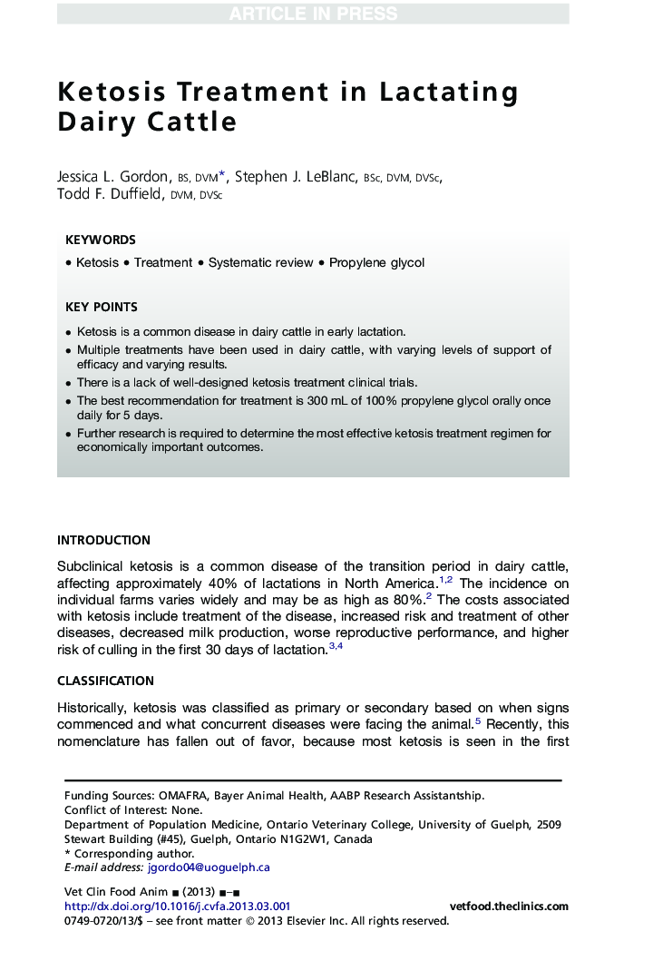 Ketosis Treatment in Lactating Dairy Cattle