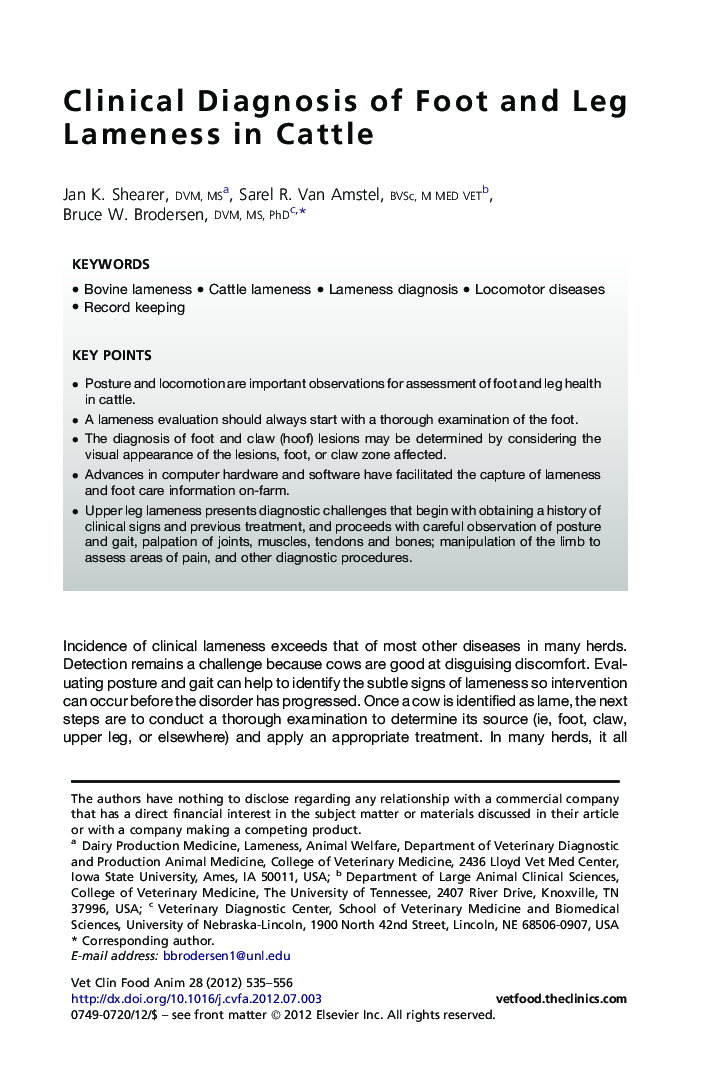 Clinical Diagnosis of Foot and Leg Lameness in Cattle