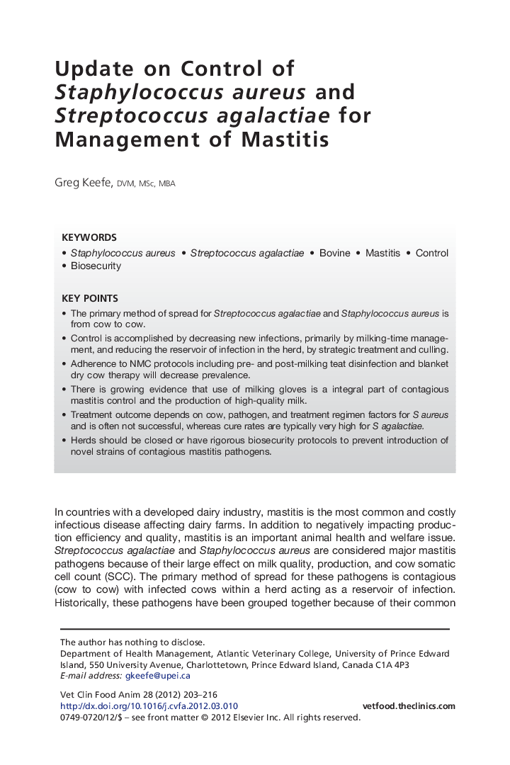 Update on Control of Staphylococcus aureus and Streptococcus agalactiae for Management of Mastitis