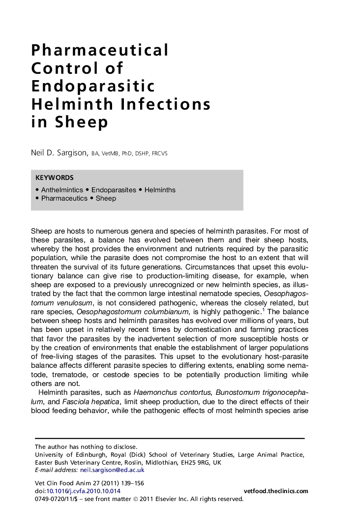 Pharmaceutical Control of Endoparasitic Helminth Infections in Sheep