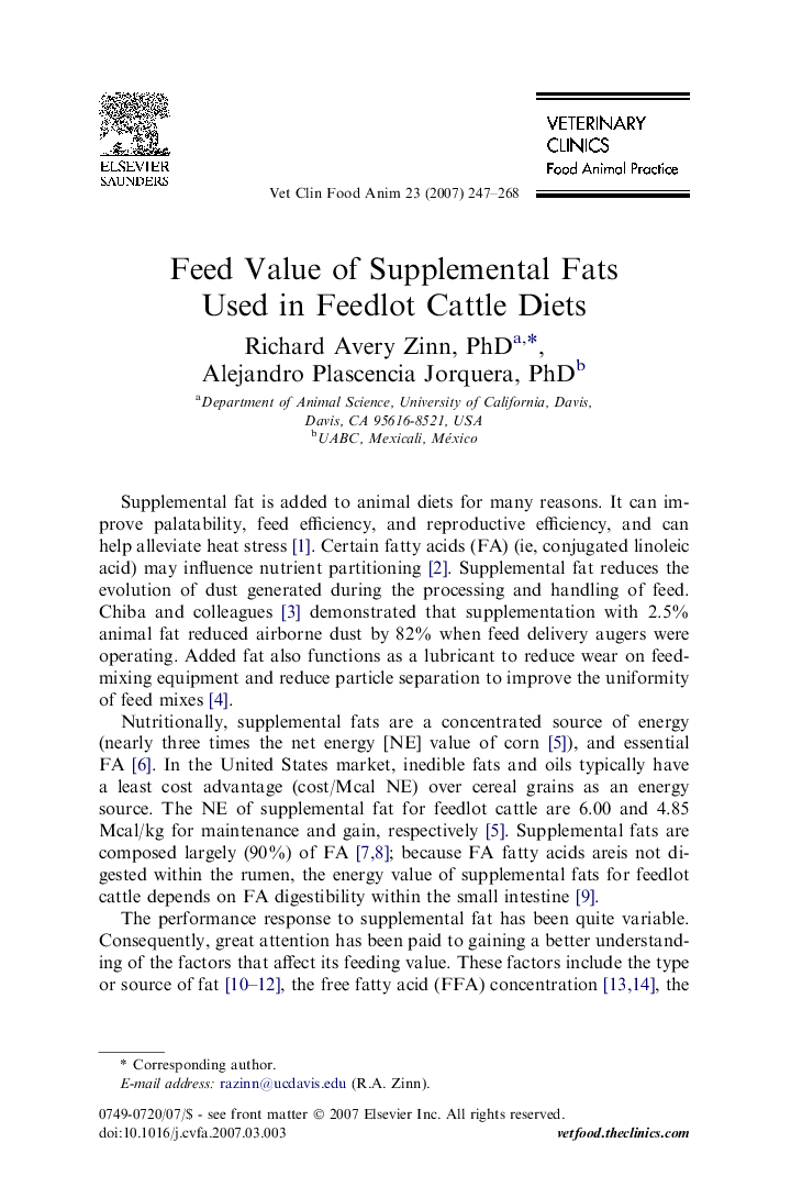 عکس صفحه اول مقاله: Feed Value of Supplemental Fats Used in Feedlot Cattle Diets Feed Value of Supplemental Fats Used in Feedlot Cattle Diets