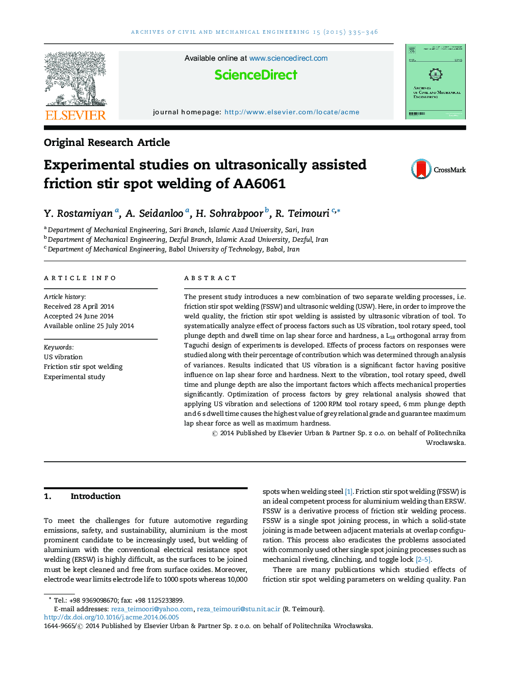 Experimental studies on ultrasonically assisted friction stir spot welding of AA6061